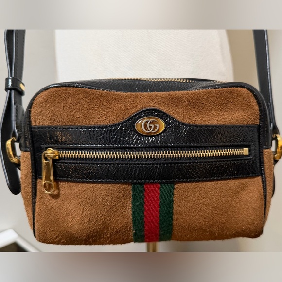 Gucci Ophidia Sherry Crossbody Bag – Brown Suede & Patent Leather w/ Web Stripe - Picture 6 of 15